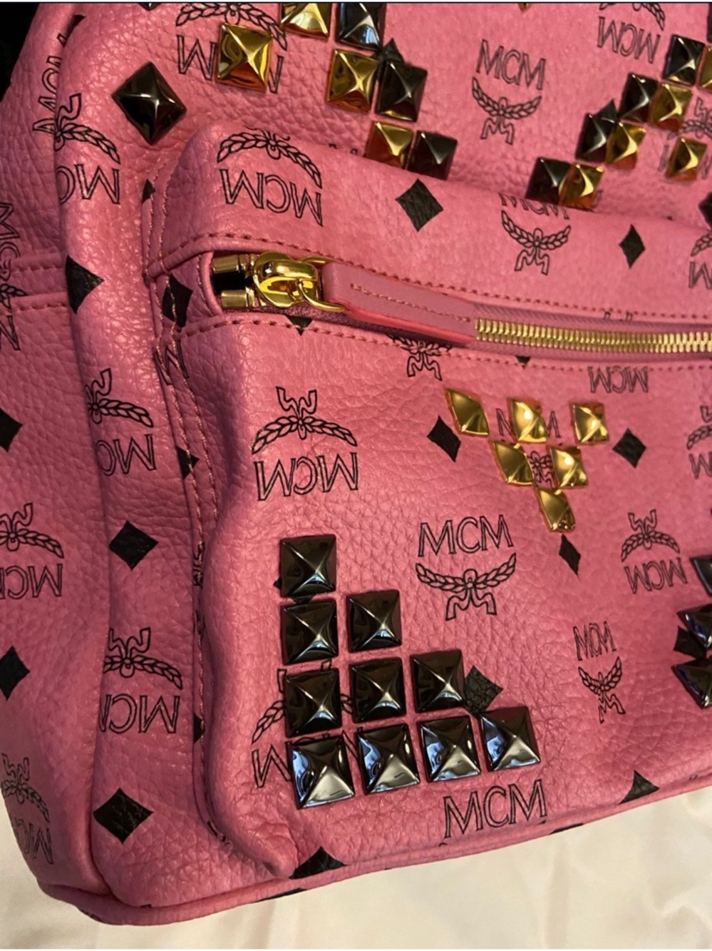 MCM Pink Leatherette Logo Studded Bag with Gold Hardware - Picture 3 of 8